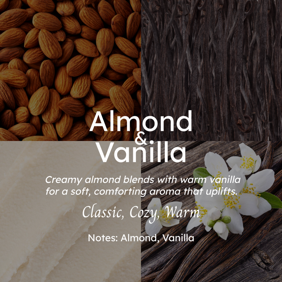 Almond and vanilla hand made organic body butter ingredients with text describing the aroma and notes.