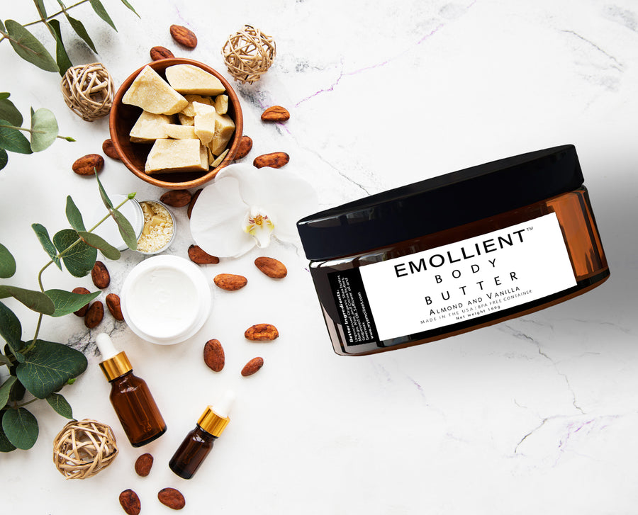 Natural ingredients of almond and vanilla body butter shown with real almonds and vanilla