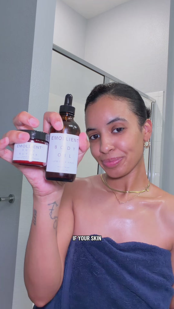 content creator applying My Emollient Lemon & Sage Body Oil and Body Butter as part of her body care routine.