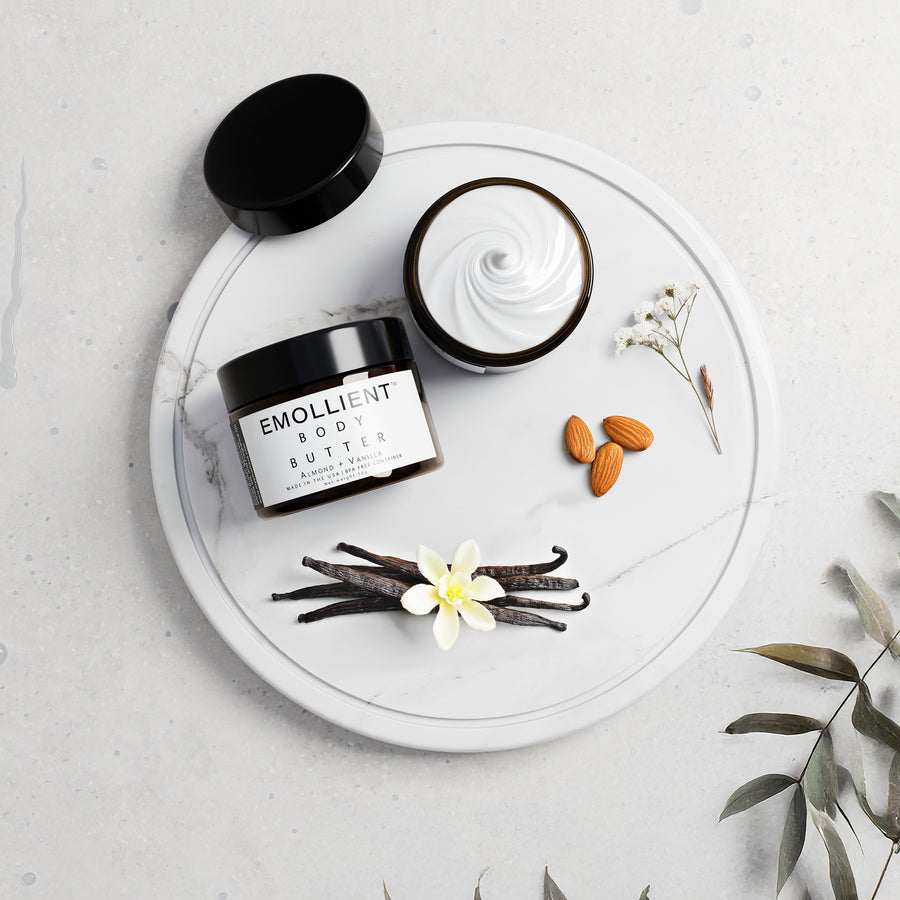 Whipped almond vanilla body butter with creamy, non-greasy texture